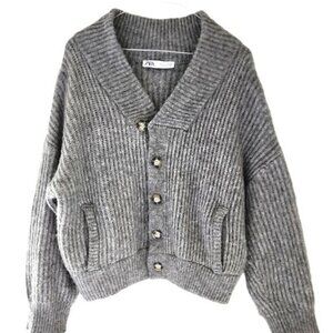 Zara Women's Wool Blend Cropped Ribbed Style V Neck Cardigan Grey Sweater Small
